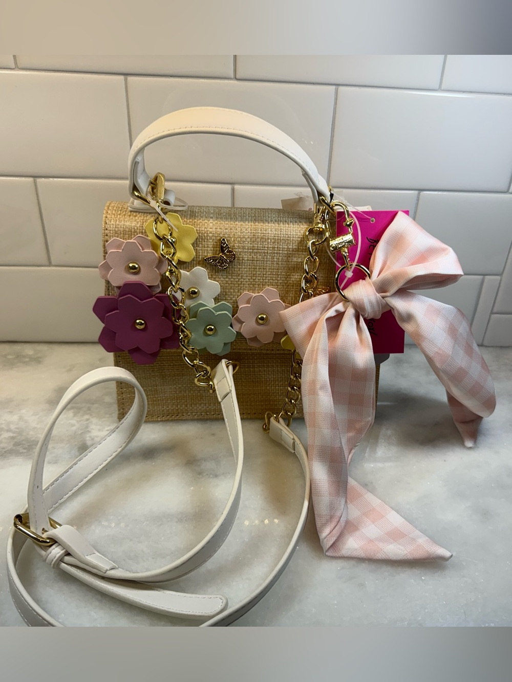 Betsey Johnson XOMYLO2 Crossbody Purse Flowers Butterflies Pink Gingham Bow NWT